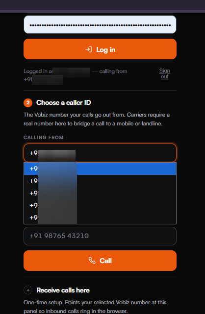 The Calling from field expanded into a dropdown of five Vobiz numbers with the first highlighted, above the number-to-call field and a Call button