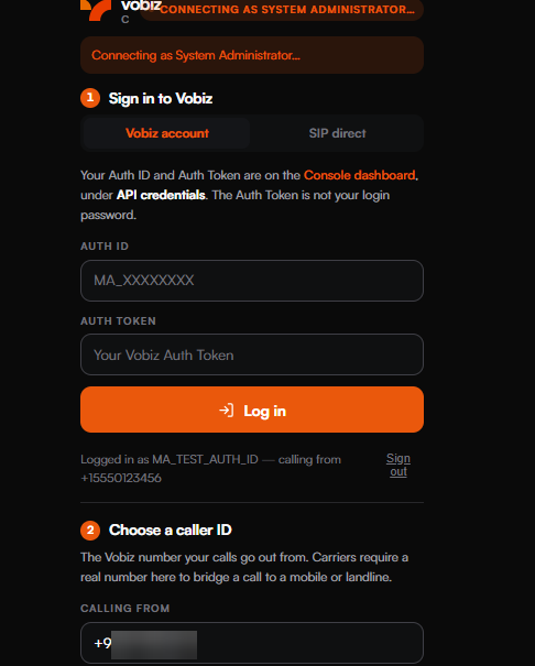 Vobiz Calling for ClickUp panel showing a CONNECTING AS SYSTEM ADMINISTRATOR badge, the Vobiz account and SIP direct tabs, and empty Auth ID and Auth Token fields