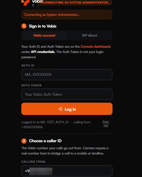 Vobiz Calling for ClickUp panel showing a CONNECTING AS SYSTEM ADMINISTRATOR badge, the Vobiz account and SIP direct tabs, and empty Auth ID and Auth Token fields