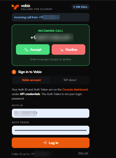 The panel with an ON CALL badge and a green incoming-call card showing the calling number with Accept and Decline buttons and the hint Enter to accept, Escape to decline