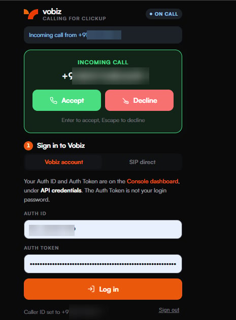 The panel with an ON CALL badge and a green incoming-call card showing the calling number with Accept and Decline buttons and the hint Enter to accept, Escape to decline