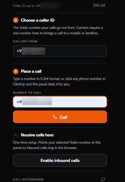The Place a call step with a destination number typed into the Number to call field, an orange Call button, and the Receive calls here one-time setup below