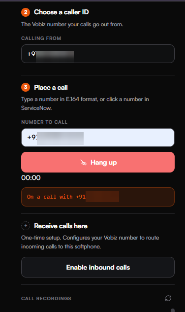 The panel during a live call showing the destination number, a red Hang up button, a running timer and an On a call with banner, above the Receive calls here setup section