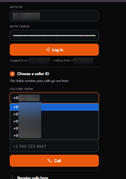 The Calling from field expanded into a dropdown of five Vobiz numbers with the first highlighted, above the number-to-call field and a Call button