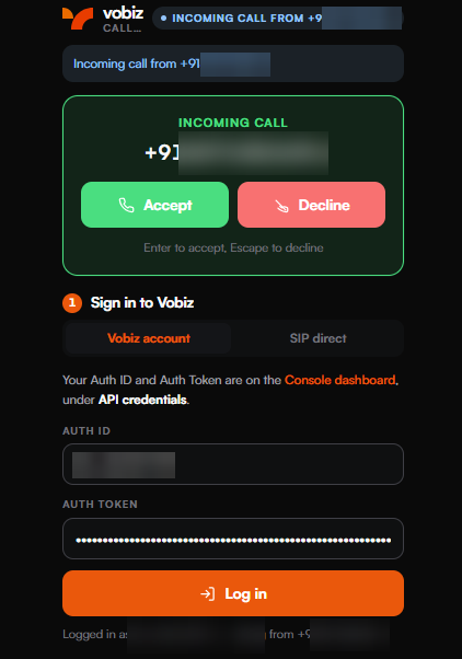 The panel with an INCOMING CALL badge and a green incoming-call card showing the calling number with Accept and Decline buttons and the hint Enter to accept, Escape to decline
