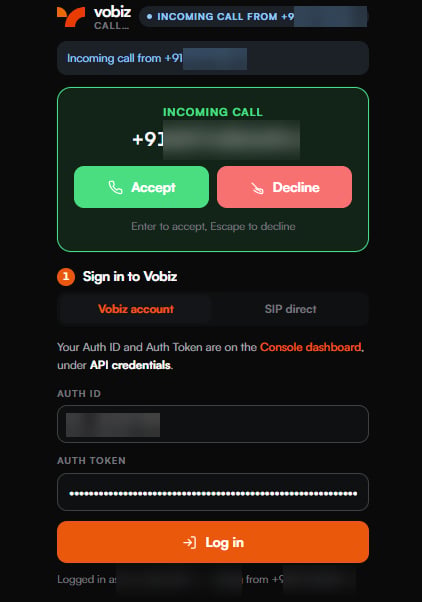 The panel with an INCOMING CALL badge and a green incoming-call card showing the calling number with Accept and Decline buttons and the hint Enter to accept, Escape to decline
