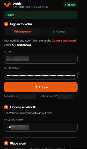 The panel showing a green READY badge, a Ready banner, the filled Auth ID and masked Auth Token, and a Logged in as line showing the redacted account ID and calling-from number