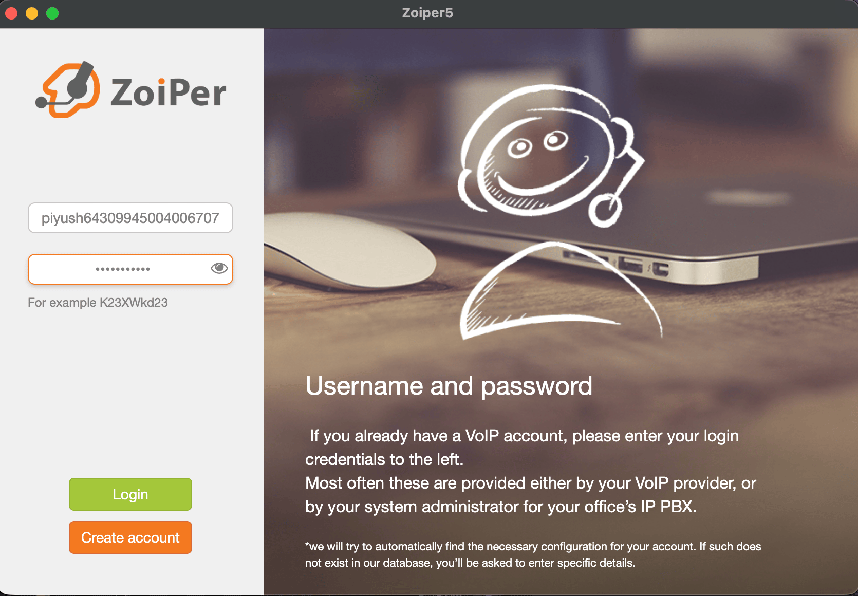 Add Username and Password in Zoiper
