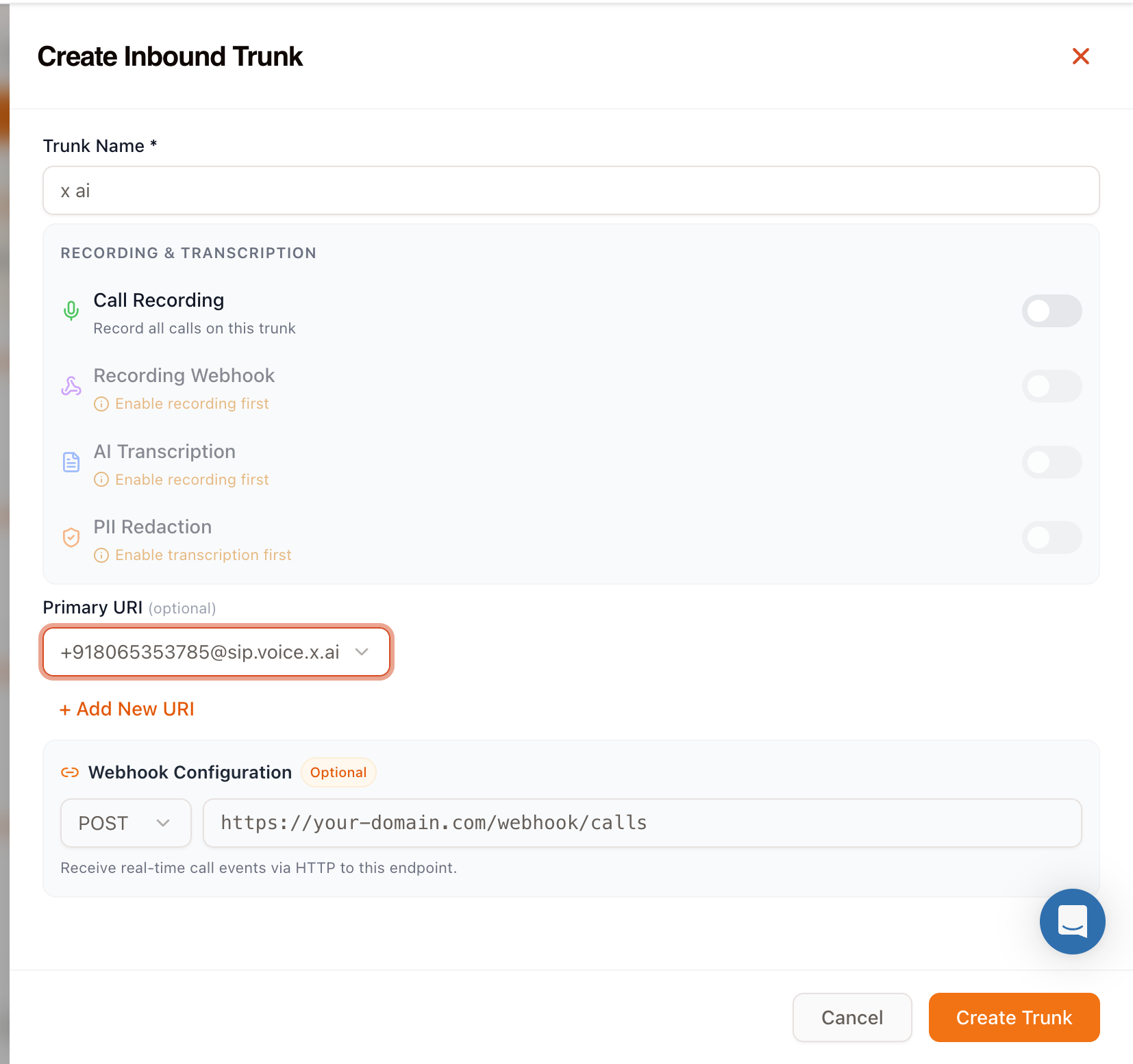 Vobiz Create Inbound Trunk dialog with a trunk name and the xAI origination URI selected as the primary URI