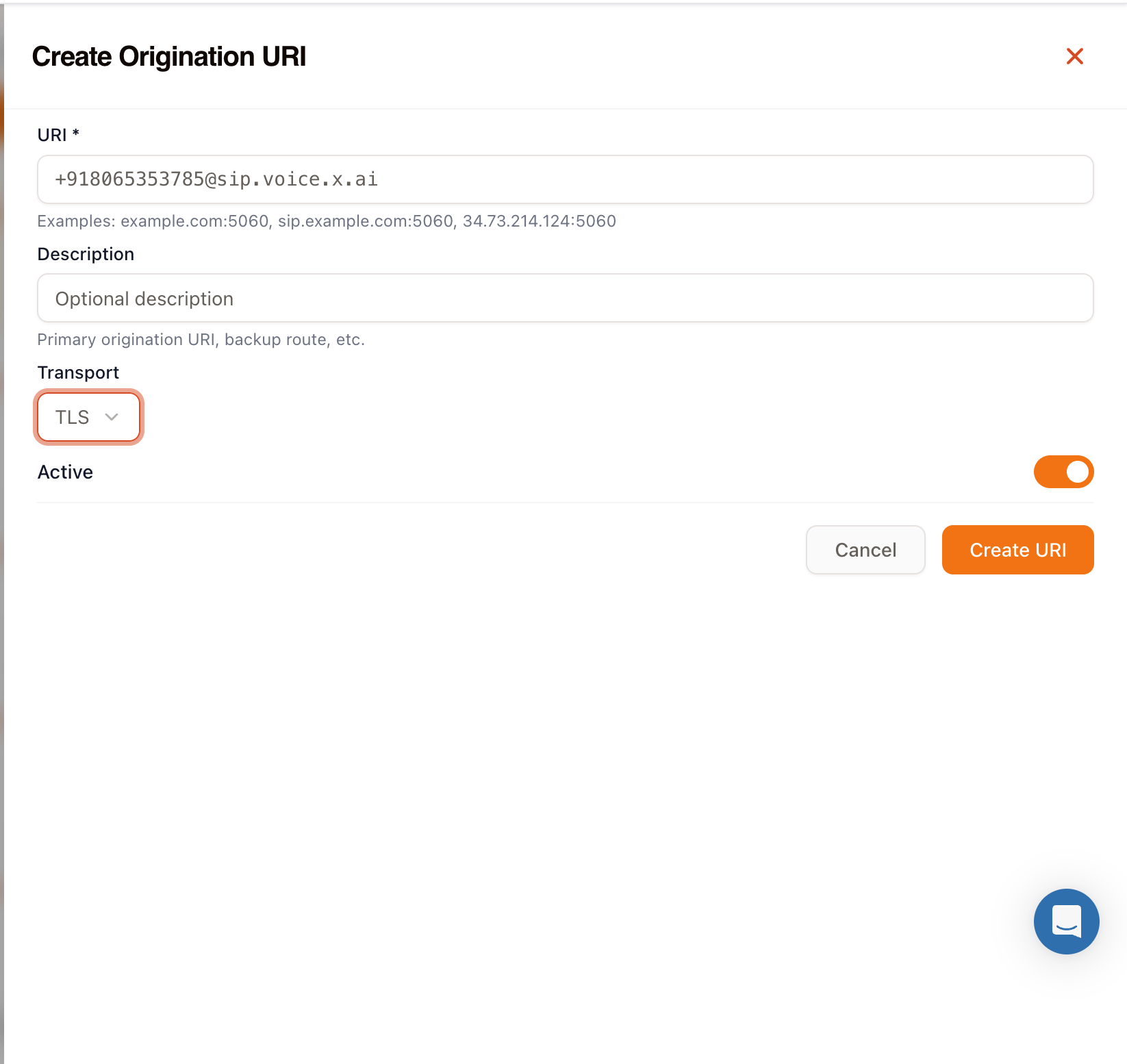 Vobiz Create Origination URI dialog with the xAI SIP address and TLS transport selected