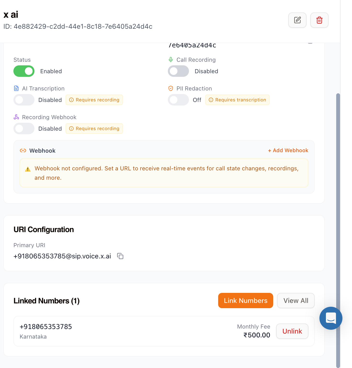Vobiz inbound trunk detail showing the primary URI configuration and a linked phone number