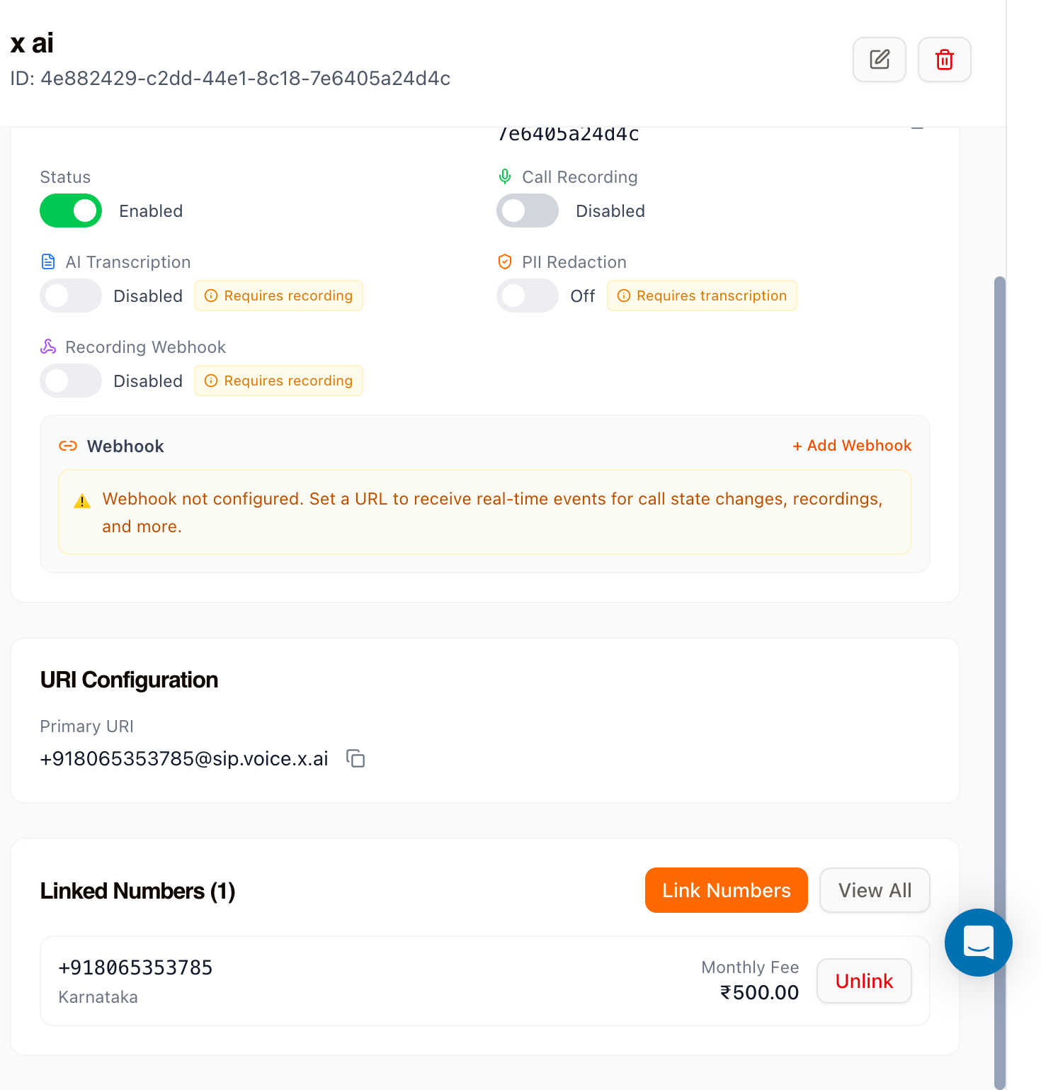 Vobiz inbound trunk detail showing the primary URI configuration and a linked phone number