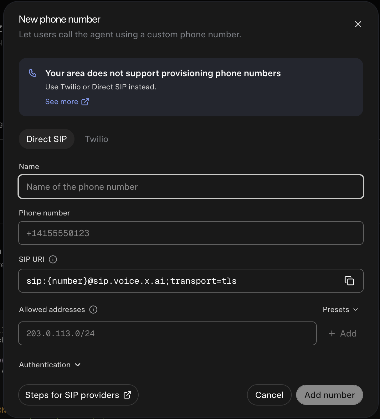 xAI New phone number dialog with the Direct SIP tab selected, showing the SIP URI and allowed addresses fields