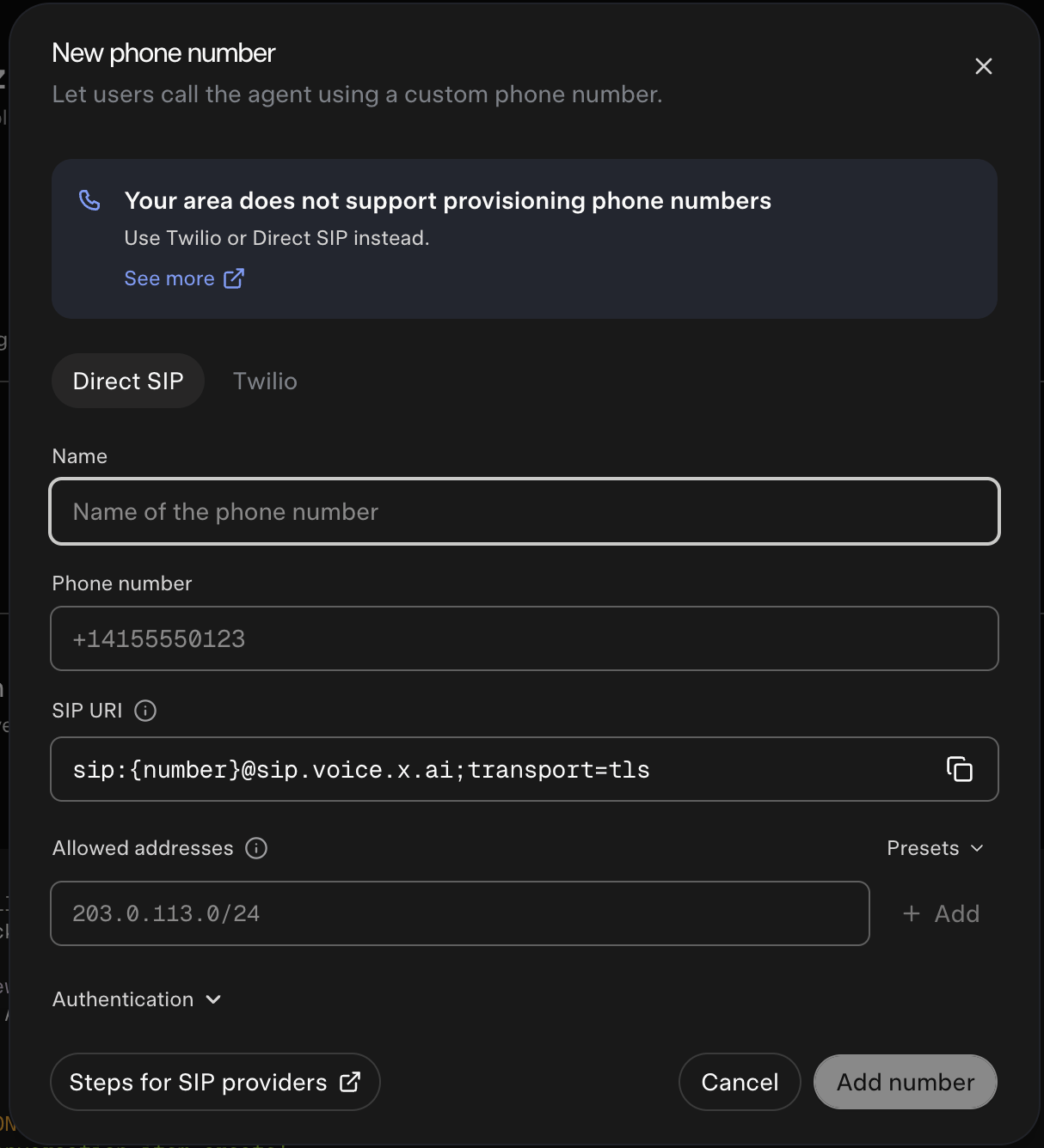 xAI New phone number dialog with the Direct SIP tab selected, showing the SIP URI and allowed addresses fields