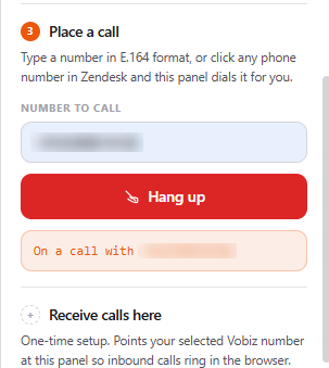 The panel during a live call showing the Number to call field, a red Hang up button, an On a call with status line, and a Receive calls here section below