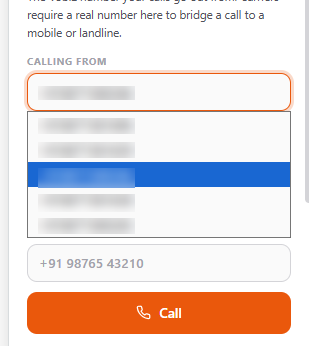 The Calling from field expanded into a dropdown of five Vobiz numbers, with the Call button below