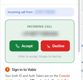 The Vobiz Calling panel showing an incoming call prompt with Accept and Decline buttons