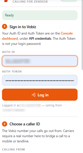 Close-up of the panel showing the filled Auth ID and Auth Token fields, a Logged in as line with the calling-from number, and the Choose a caller ID step with a Calling from field