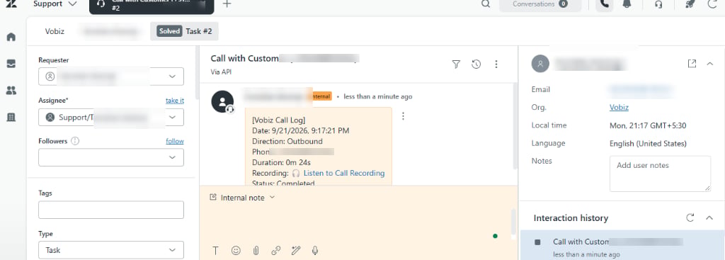 A Zendesk ticket showing the Vobiz Call Log note with direction, duration, recording link, and status