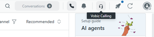 Zendesk top bar showing the headset icon with tooltip Vobiz Calling