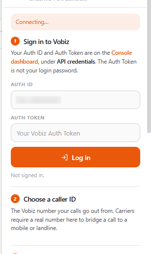 The Vobiz Calling panel open over the Zendesk agent interface, showing an orange CONNECTING badge, a Connecting banner, and step 1 Sign in to Vobiz
