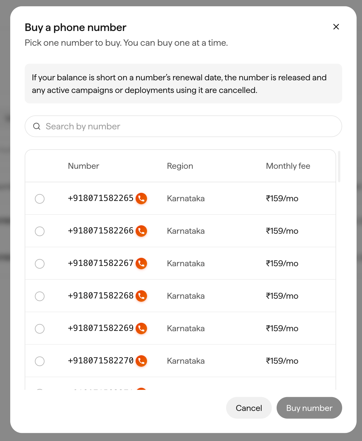 Sarvam Buy a phone number dialog listing available numbers with region and monthly fee, and a note that one number can be bought at a time