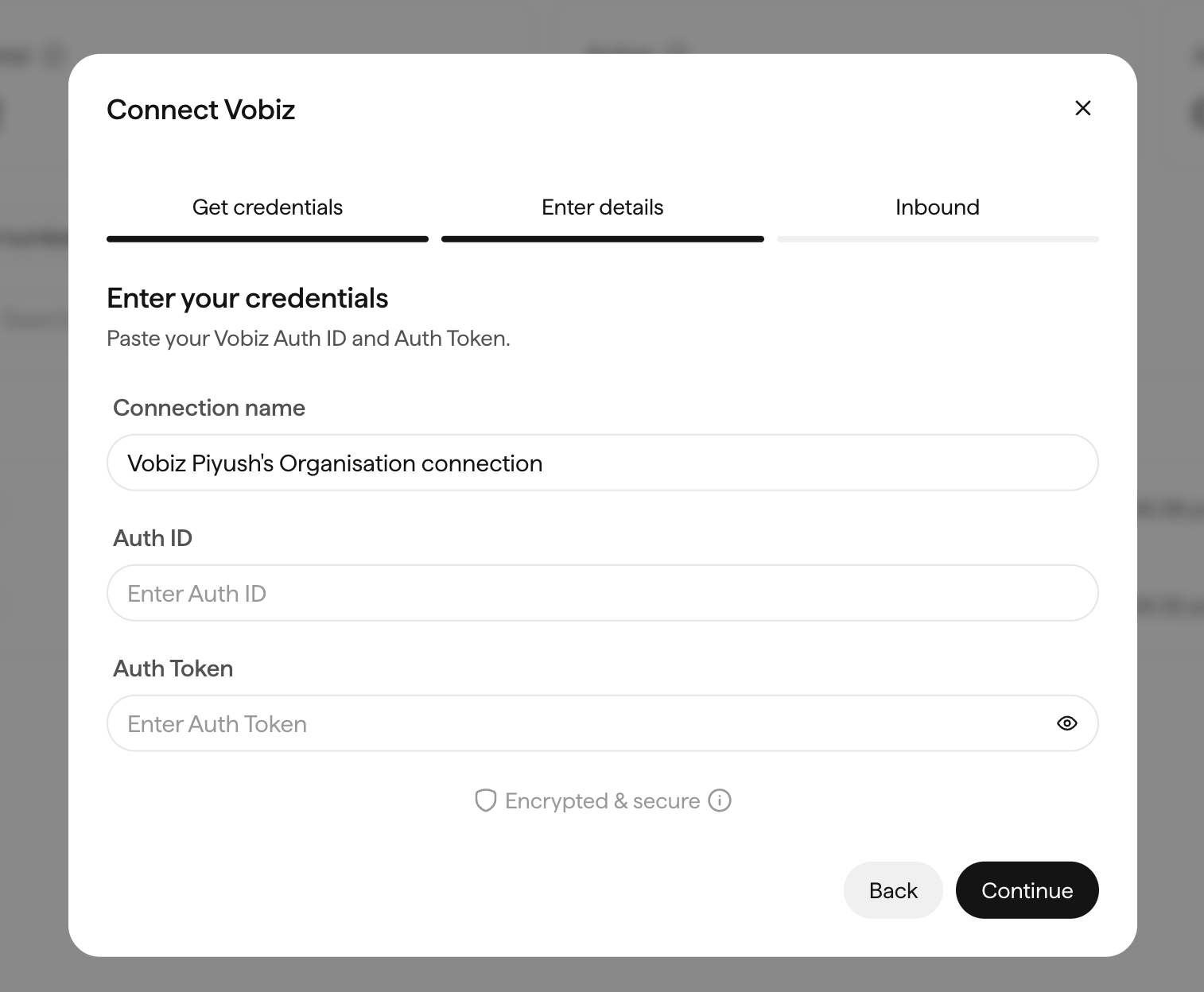 Sarvam Connect Vobiz dialog on the Enter details tab, with fields for connection name, Auth ID, and Auth Token, marked Encrypted and secure