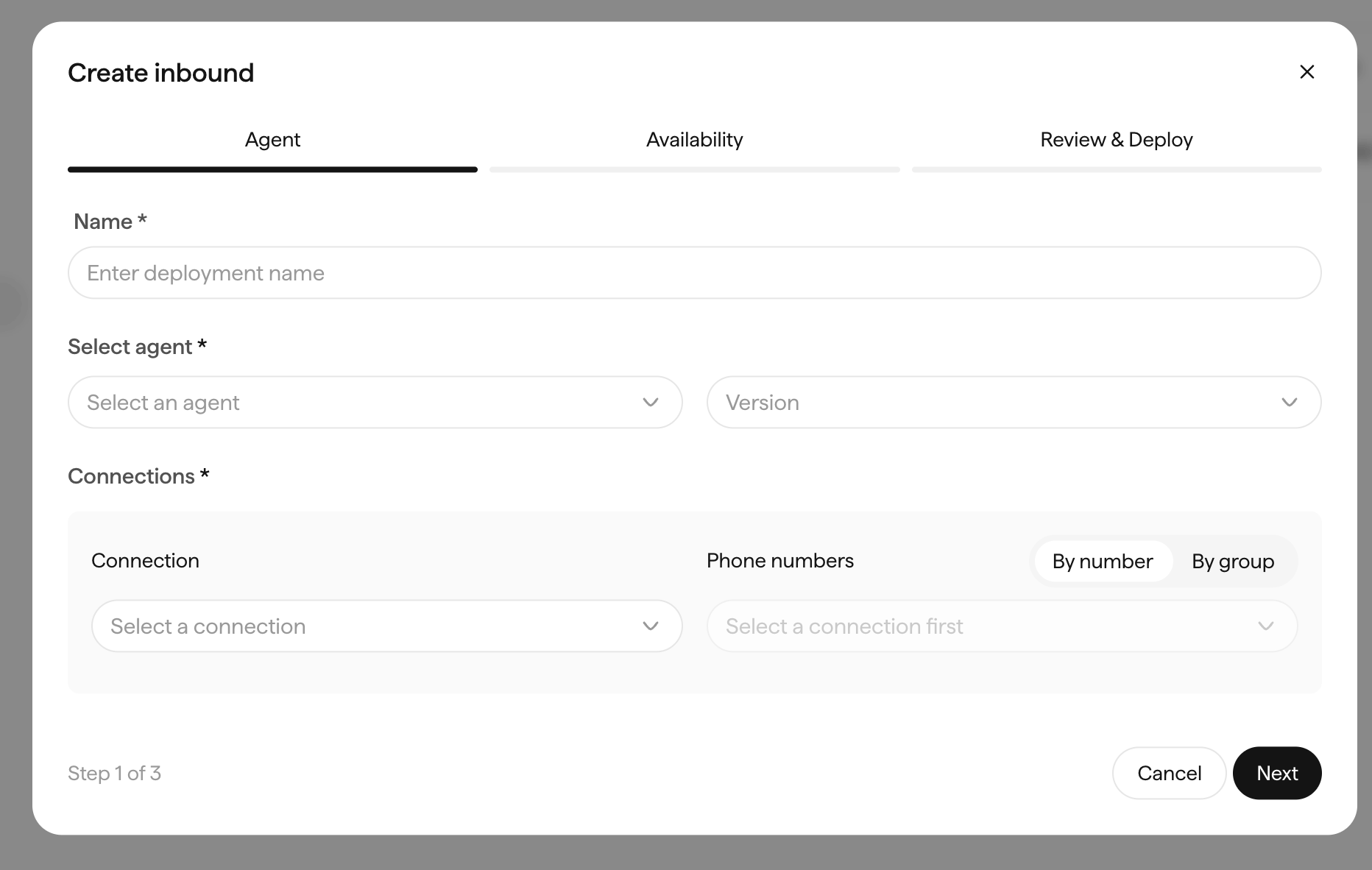 Sarvam Create inbound dialog, step 1 of 3, with deployment name, agent and version selectors, and connection with phone numbers