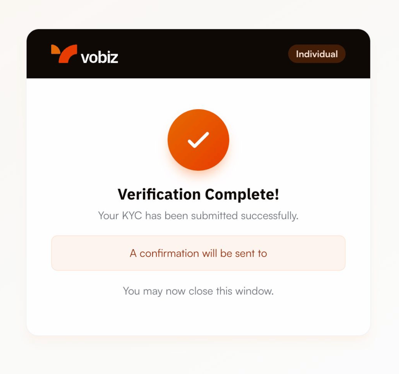Vobiz KYC Verification Complete screen confirming the submission and noting that a confirmation email will be sent