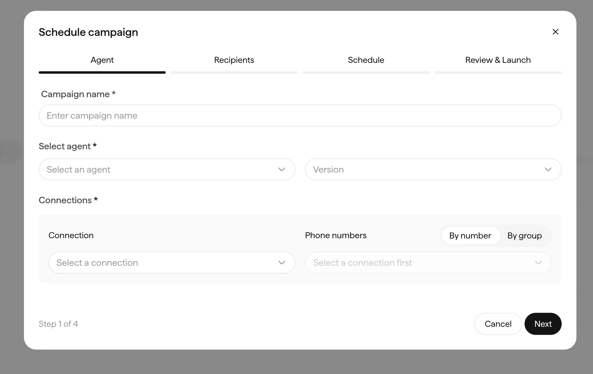 Sarvam Schedule campaign dialog, step 1 of 4, with fields for campaign name, agent and version, and a connection with phone numbers selectable by number or by group
