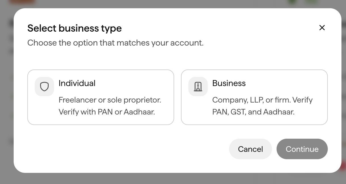 Select business type dialog with Individual and Business options