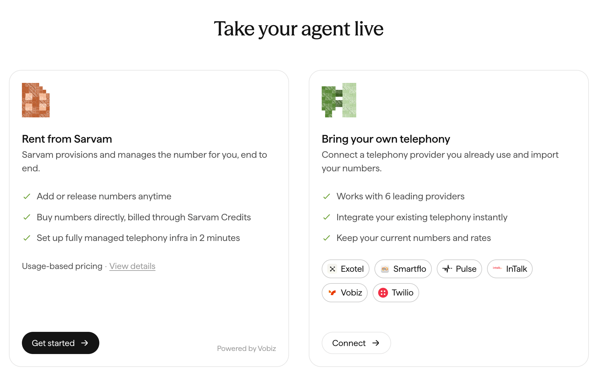 Sarvam Take your agent live screen with two cards: Rent from Sarvam, marked Powered by Vobiz, and Bring your own telephony listing supported providers including Vobiz