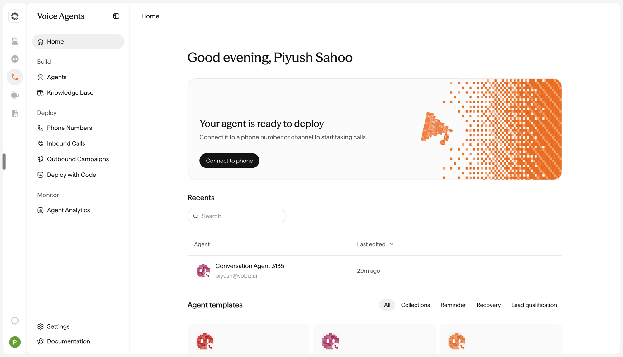 Sarvam Voice Agents home screen showing an agent ready to deploy, with Build, Deploy, and Monitor sections in the sidebar