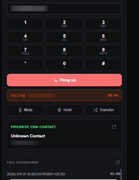 Live call view showing a red Hang up button, a Calling status line with a ten-second timer, Mute Hold and Transfer buttons, and a Pipedrive CRM contact panel below
