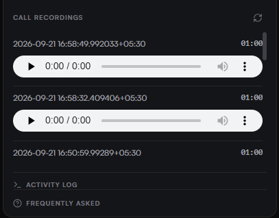 Call recordings list showing three timestamped entries with durations, two of them expanded into inline audio players, above Activity log and Frequently asked sections