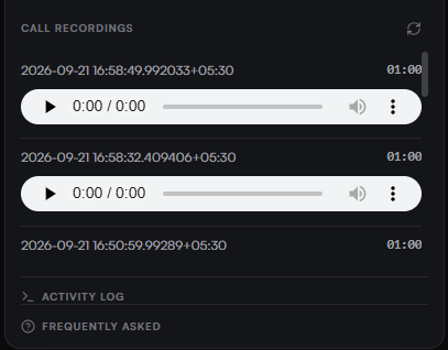Call recordings list showing three timestamped entries with durations, two of them expanded into inline audio players, above Activity log and Frequently asked sections