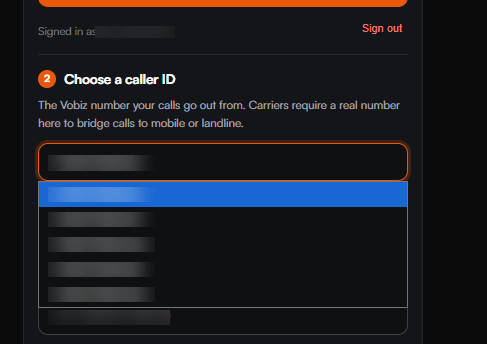 The Choose a caller ID field expanded into a dropdown of six Vobiz numbers with one highlighted, above the dialpad