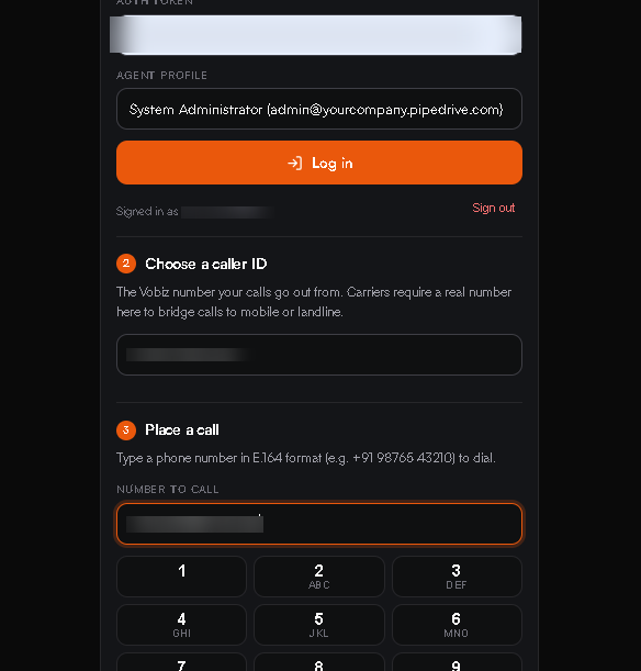 The Place a call step with a destination number typed into the Number to call field and a numeric dialpad below it