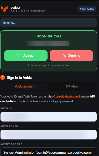 The panel with an ON CALL badge, a Ringing banner, and a green Incoming call card showing the calling number with Accept and Decline buttons