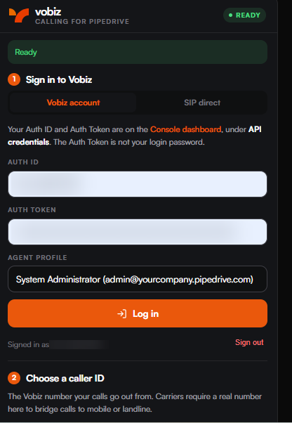 The panel showing a green READY badge, a Ready banner, the blurred Auth ID and Auth Token fields, an Agent profile selector, and a Signed in confirmation line