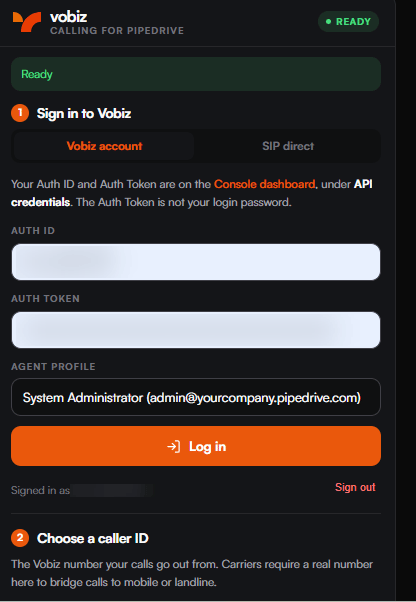 The panel showing a green READY badge, a Ready banner, the blurred Auth ID and Auth Token fields, an Agent profile selector, and a Signed in confirmation line