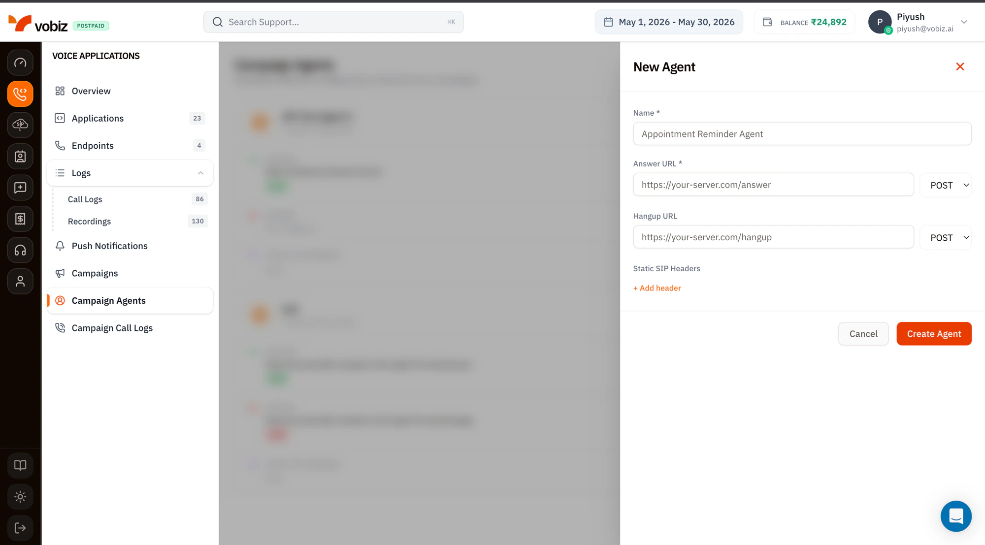 New Agent side panel with fields for Name (filled in with Appointment Reminder Agent), Answer URL with POST method dropdown, Hangup URL with POST method dropdown, and a Static SIP Headers section with an Add header link, plus Cancel and orange Create Agent buttons at the bottom
