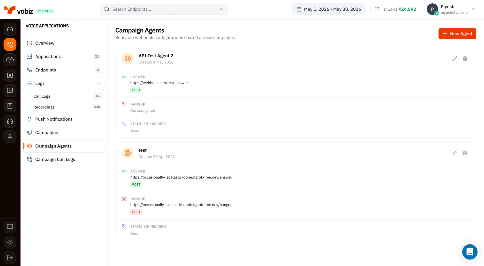 Campaign Agents page subtitled Reusable webhook configurations shared across campaigns, showing two agent cards (API Test Agent 2 and test) each listing the Answer URL with POST method badge, the Hangup URL or Not configured, and Static SIP Headers (None for both)
