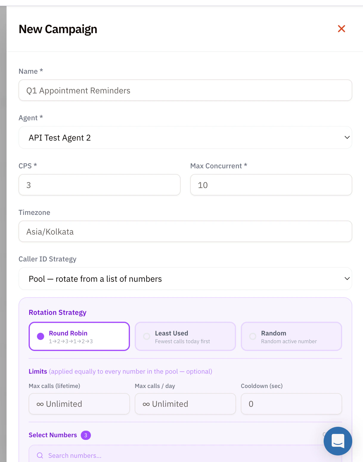 New Campaign side panel showing Name field (Q1 Appointment Reminders), Agent dropdown (API Test Agent 2), CPS and Max Concurrent number inputs (3 and 10), Timezone (Asia/Kolkata), Caller ID Strategy dropdown set to Pool — rotate from a list of numbers, Rotation Strategy segmented control with Round Robin selected (other options Least Used and Random), and a Limits section for Max calls (lifetime), Max calls per day, and Cooldown