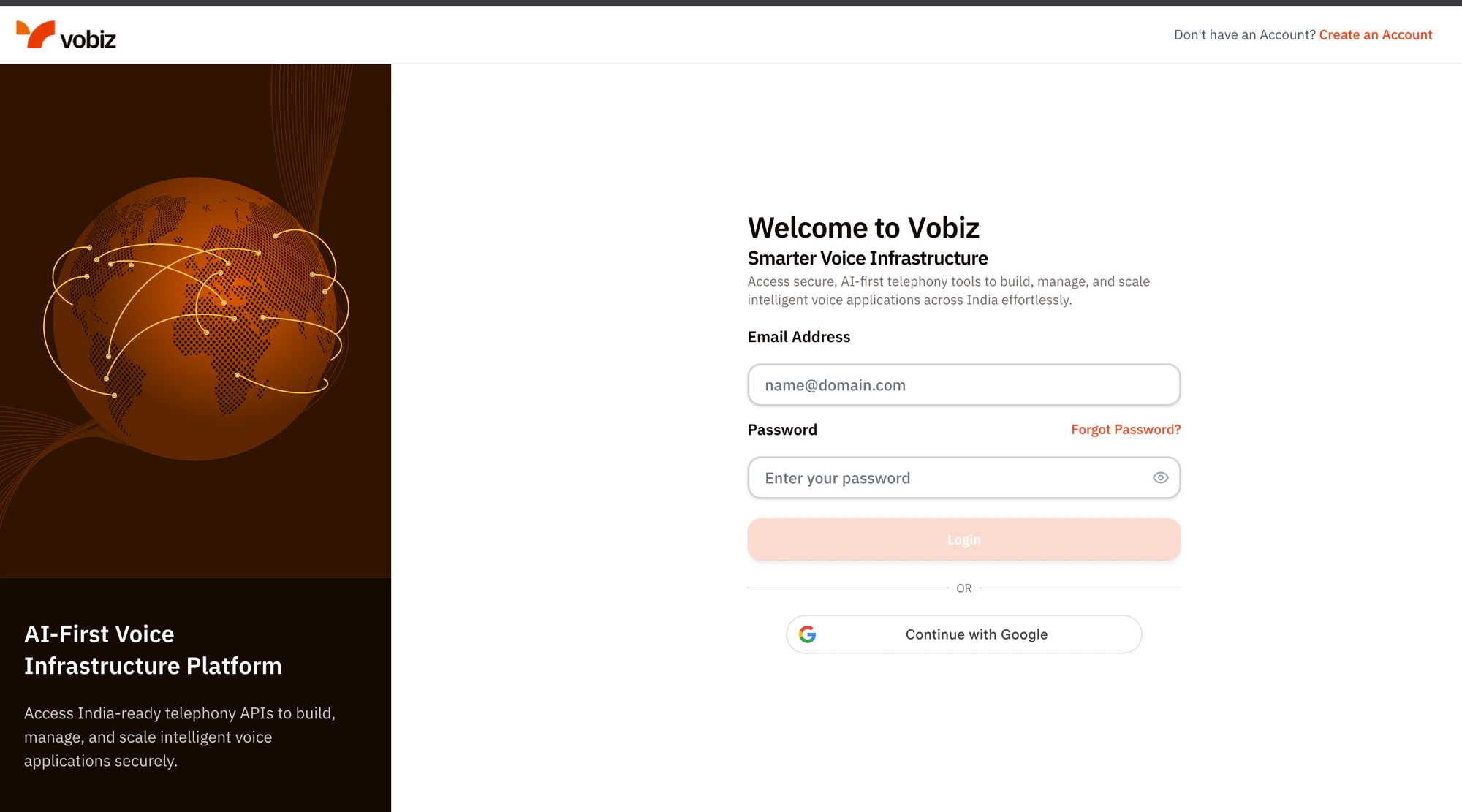 Vobiz Console login screen featuring email and password fields, Continue with Google SSO button, and the AI-First Voice Infrastructure Platform marketing panel on the left side