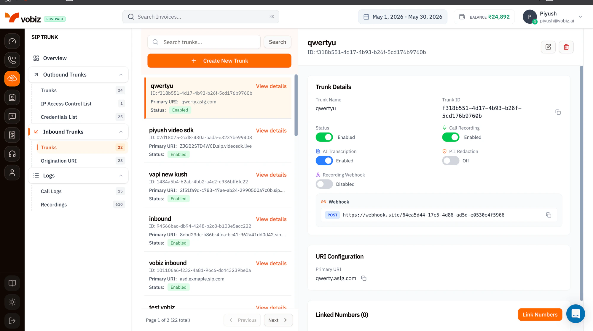 Inbound Trunks page with a searchable list of trunks (qwertyu, piyush video sdk, vapi new kush, inbound, vobiz inbound) showing ID, Primary URI, Status Enabled, and a Trunk Details panel on the right with Trunk Name (qwertyu), Trunk ID UUID, Status toggle on, Call Recording on, AI Transcription on, PII Redaction off, Recording Webhook off, a Webhook section with POST URL, and a URI Configuration section showing Primary URI (qwerty.asfg.com)