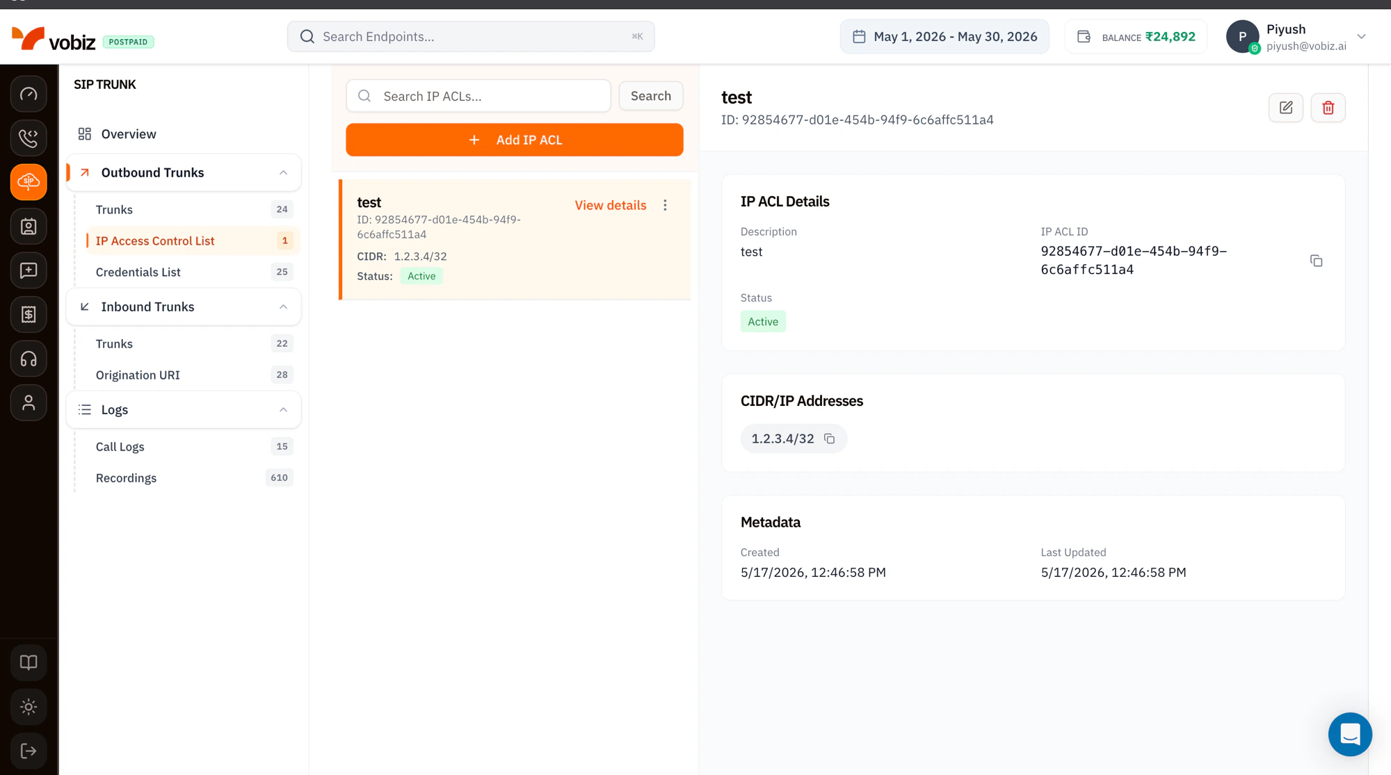 IP Access Control List page with a search field, Add IP ACL button, a list showing one ACL named test with ID and CIDR 1.2.3.4/32 and Status Active, and an IP ACL Details panel on the right with Description, IP ACL ID, Status badge, CIDR/IP Addresses chip (1.2.3.4/32), and Metadata showing Created and Last Updated timestamps