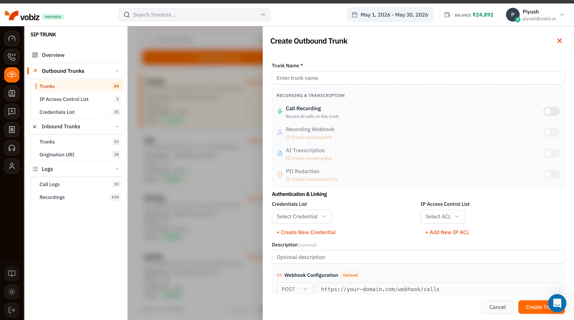Create Outbound Trunk side panel with Trunk Name required field, Recording and Transcription section with toggles for Call Recording, Recording Webhook, AI Transcription, and PII Redaction (each with Enable recording first / Enable transcription first prerequisite hints), Authentication and Linking section with Credentials List dropdown and IP Access Control List dropdown plus Create New Credential and Add New IP ACL links, optional Description, and Webhook Configuration with POST method and URL placeholder