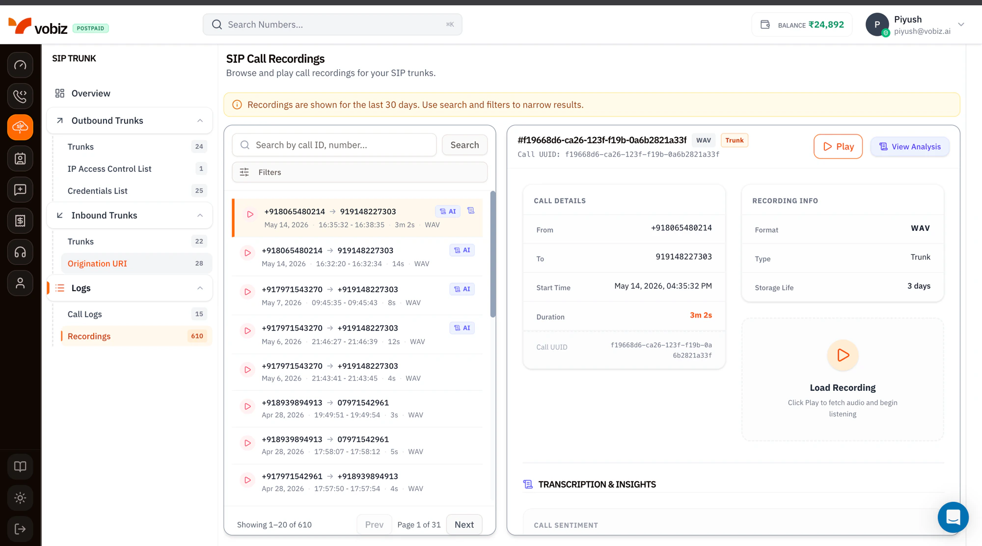 SIP Call Recordings page with a banner stating recordings are shown for the last 30 days, a paginated list of 610 recordings each with play button, From/To numbers, date timestamps, format (WAV) and AI badge, and a Recording Details panel on the right with Recording ID, WAV and Trunk badges, Play and View Analysis buttons, Call Details (From, To, Start Time, Duration 3m 2s, Call UUID), Recording Info (Format WAV, Type Trunk, Storage Life 3 days), Load Recording play card, and Transcription Insights section with Call Sentiment below