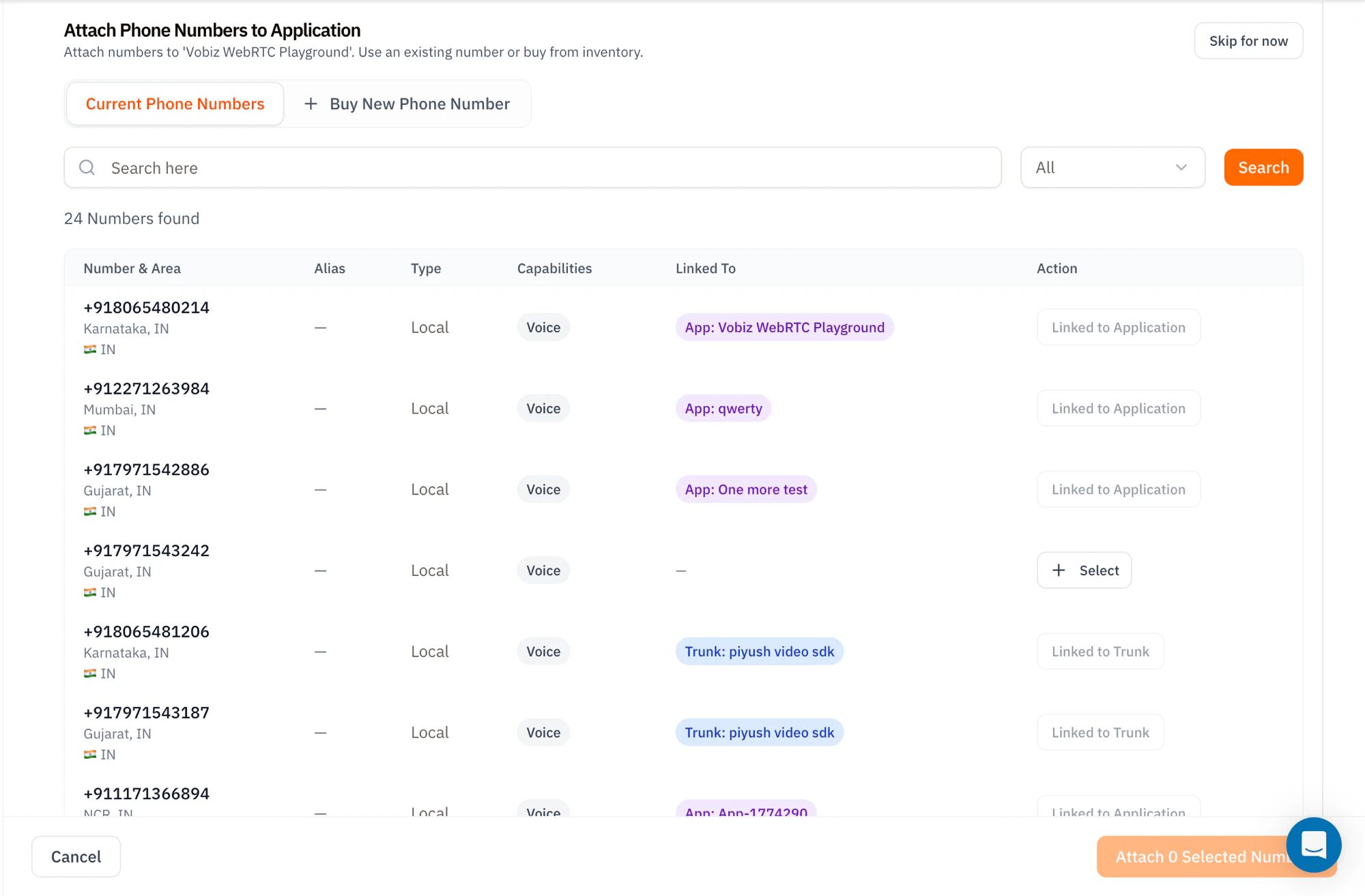 Attach Phone Numbers to Application screen showing two tabs Current Phone Numbers and Buy New Phone Number, a search field, and a table of 24 numbers with columns Number and Area, Alias, Type, Capabilities, Linked To, and Action with Select or Linked to Application / Trunk badges
